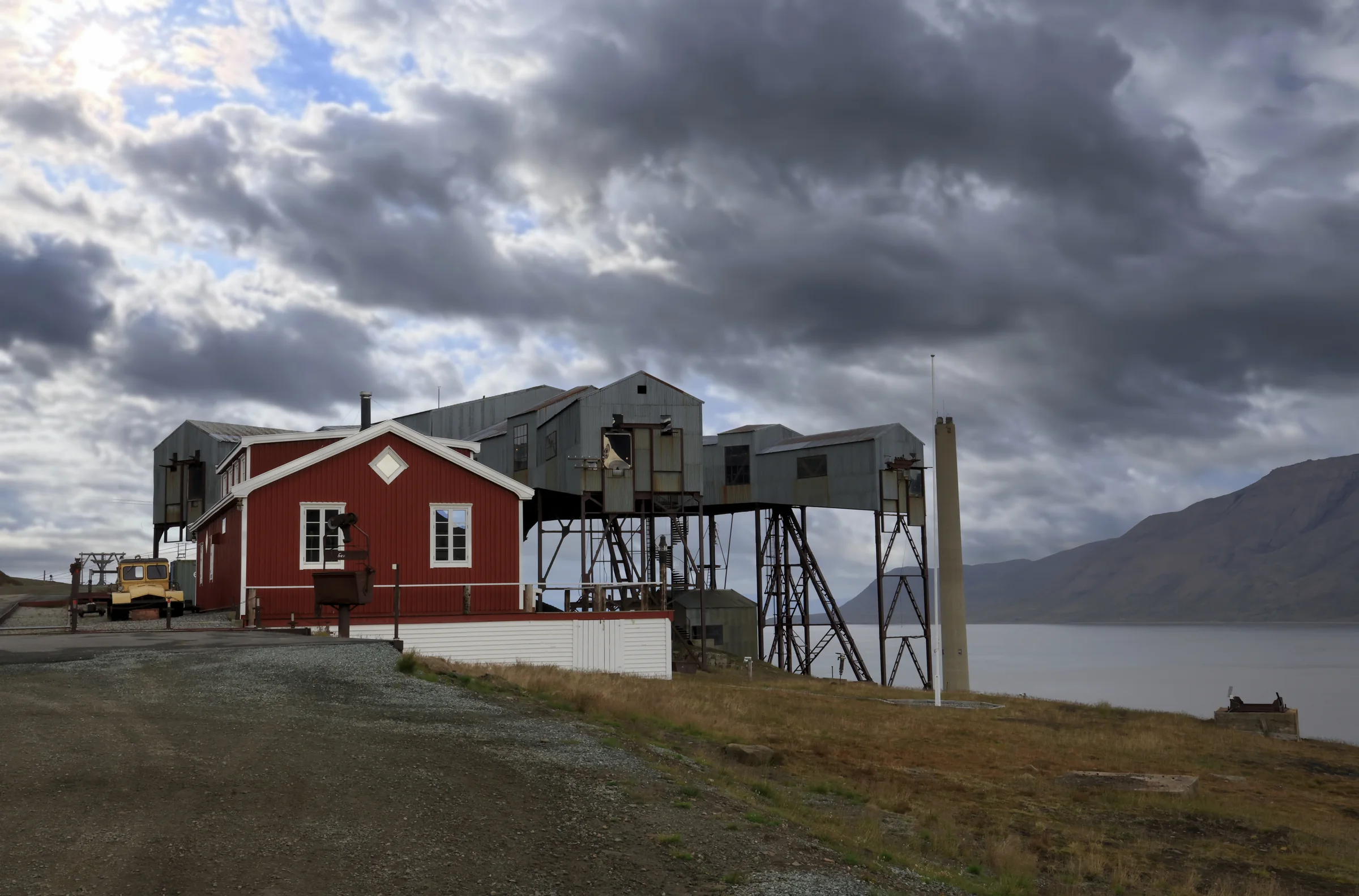Historic coal-mining structure beside the fjord