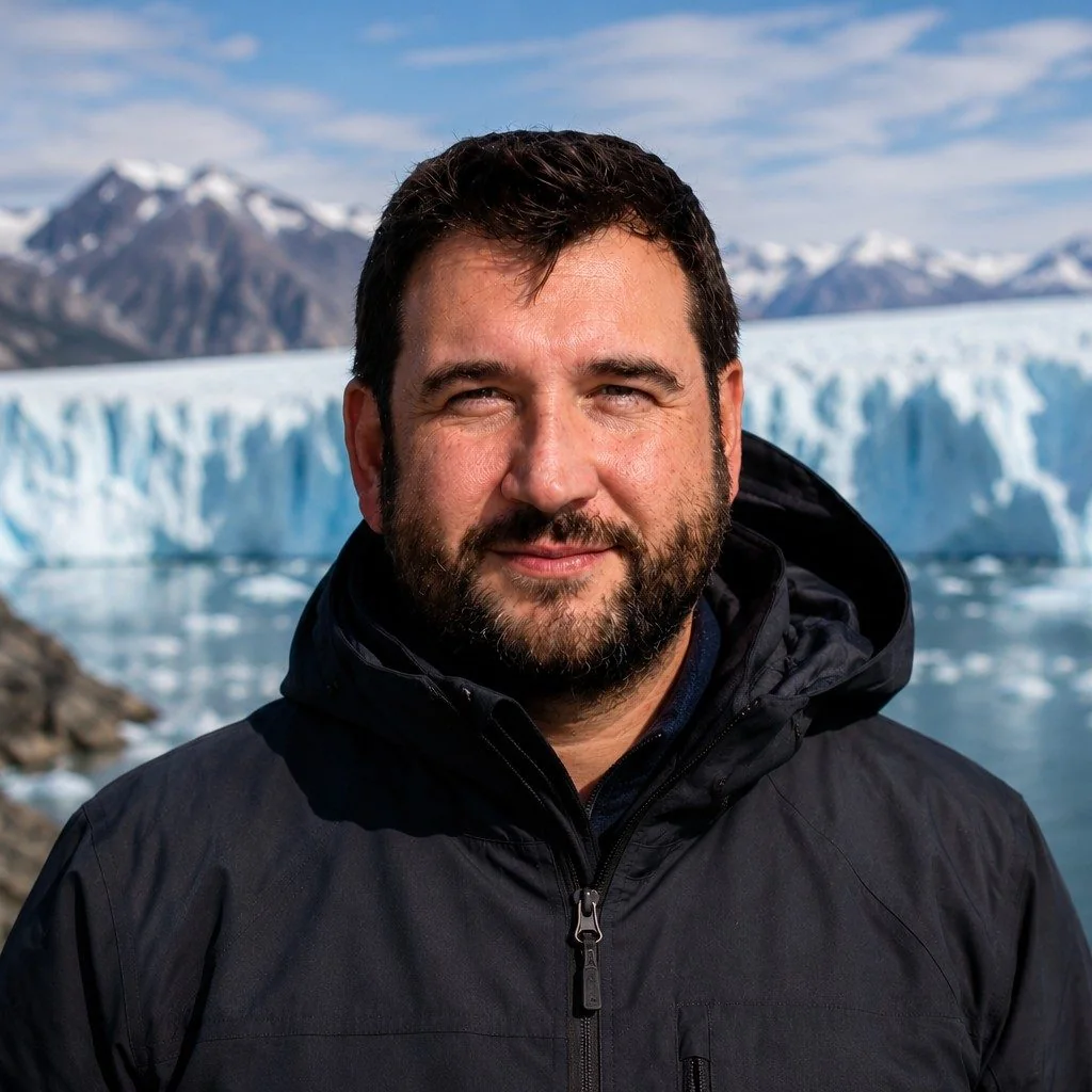Giuseppe Fresta in front of an Arctic glacier