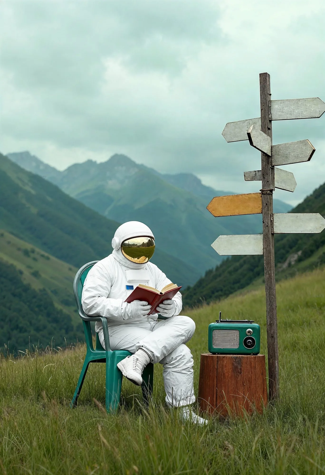 Astronaut reading beside a mountain signpost