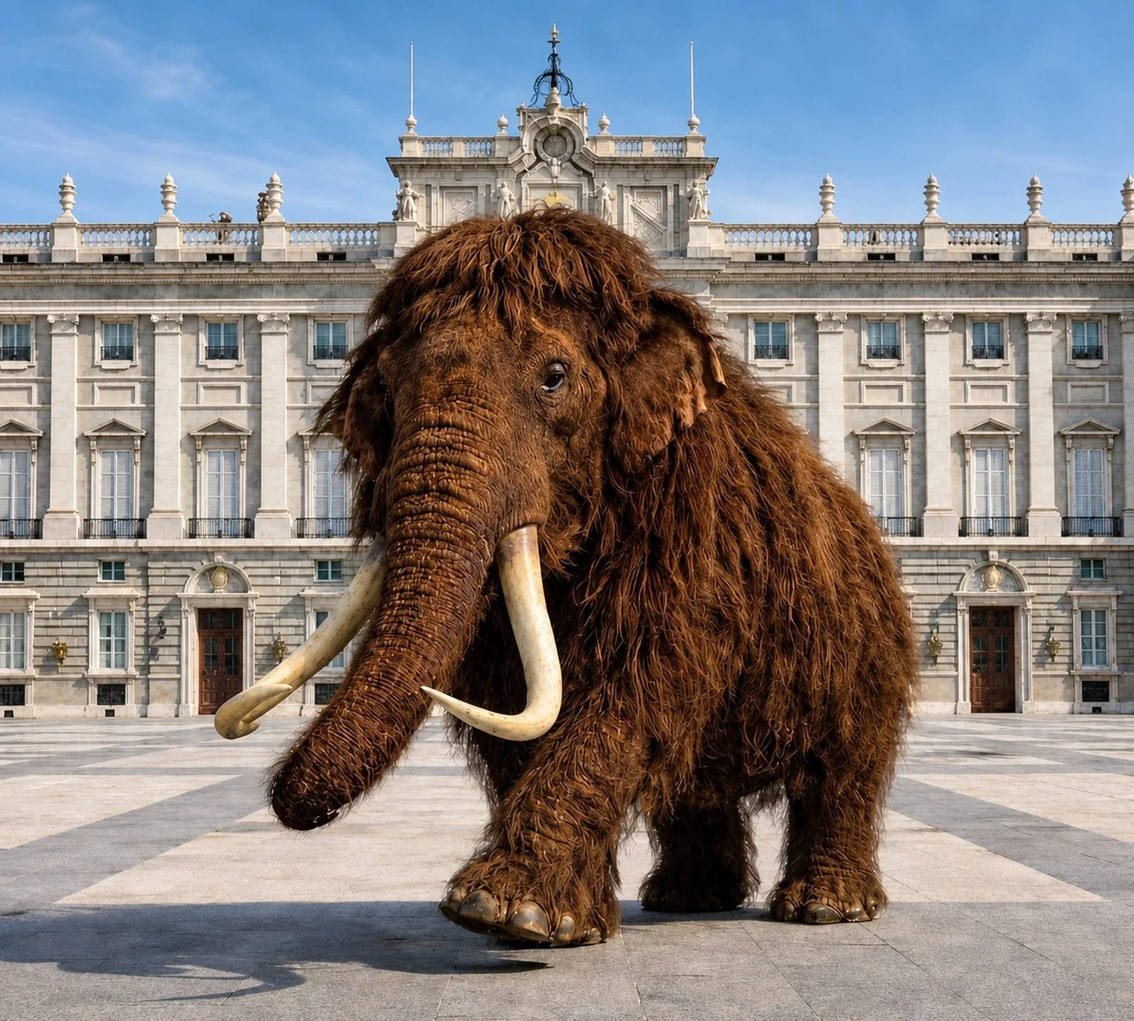 Life-size woolly mammoth reconstruction in front of the Royal Palace of Madrid