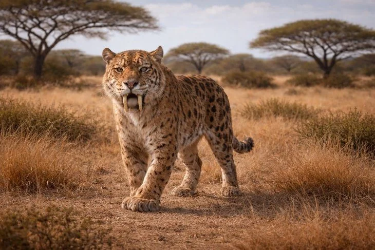 Reconstruction of a sabre-toothed cat in a savannah landscape