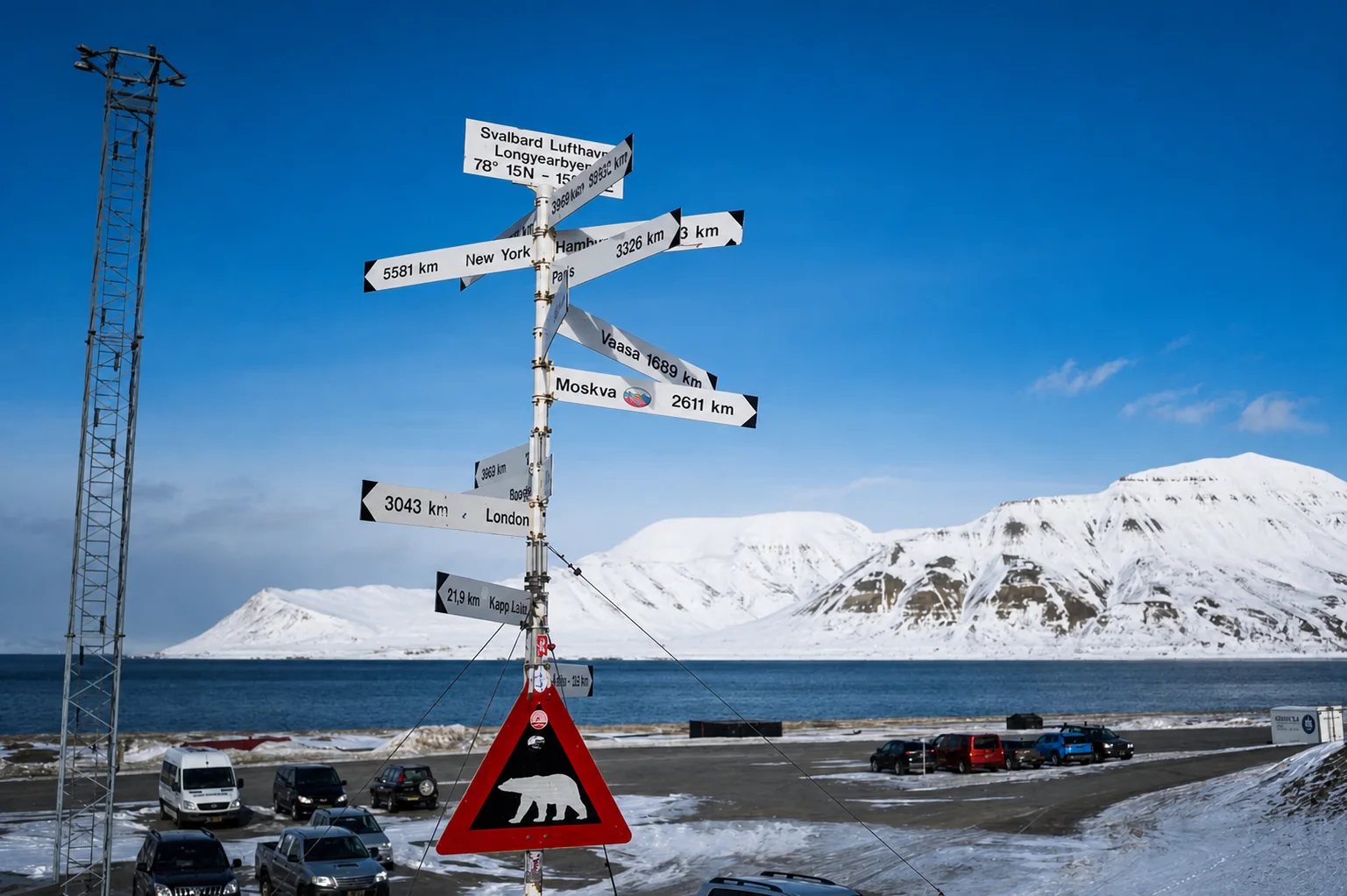 Signpost in Longyearbyen showing distances to cities around the world