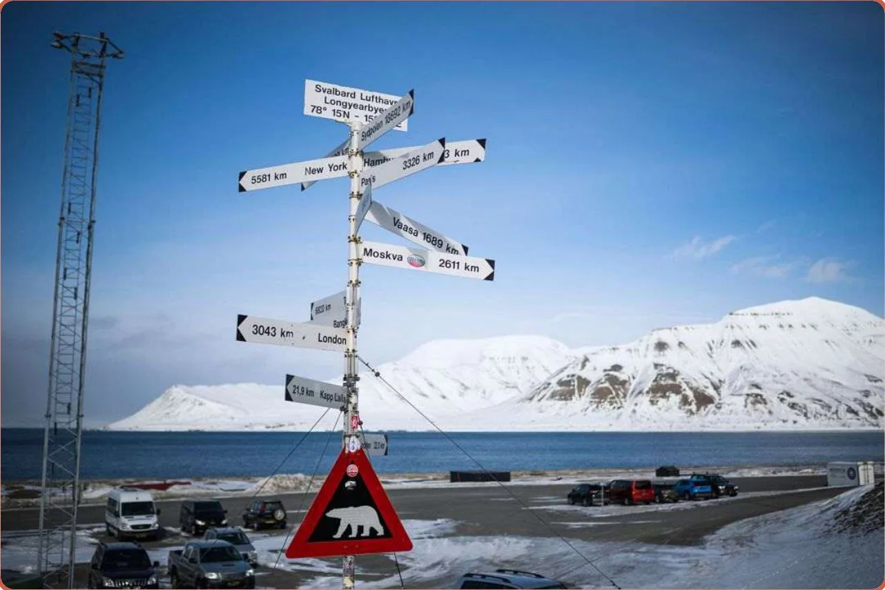 Signpost in Longyearbyen showing distances to cities around the world