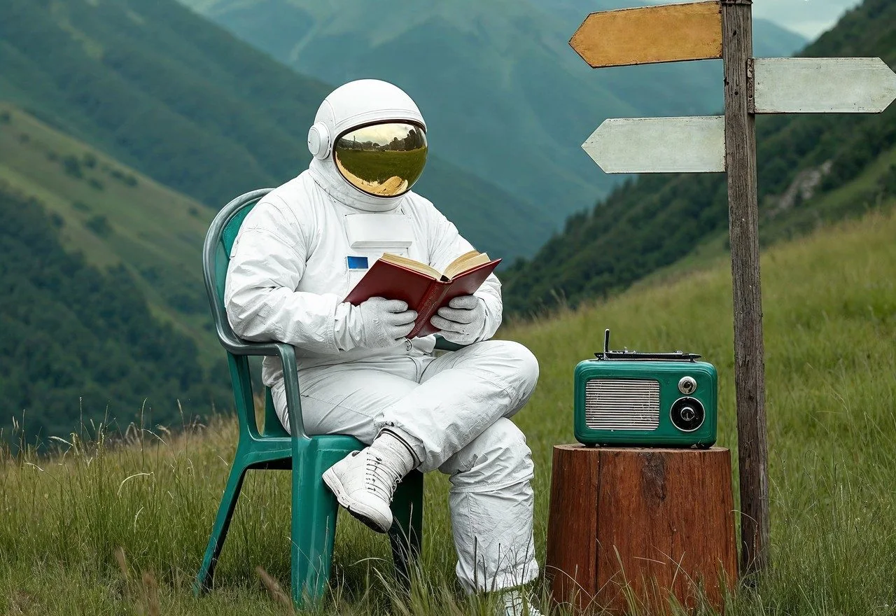 Astronaut reading beside a signpost in a mountain landscape